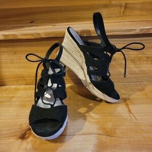 A.N.A womens black strappy lace up slingback espadrille wedge sandal 7